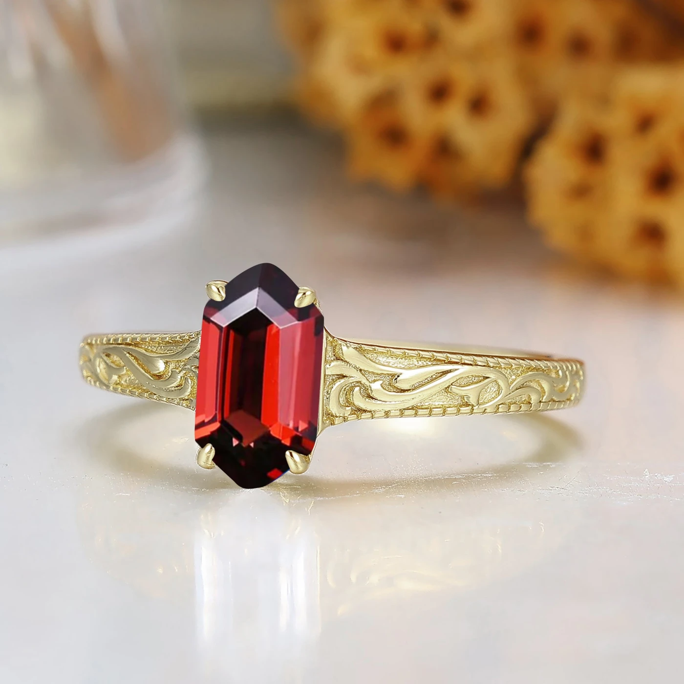 Elongated Hexagon Cut Garnet Ring Detailed Engraved Gold Ring Red Gemstone Ring - view 3