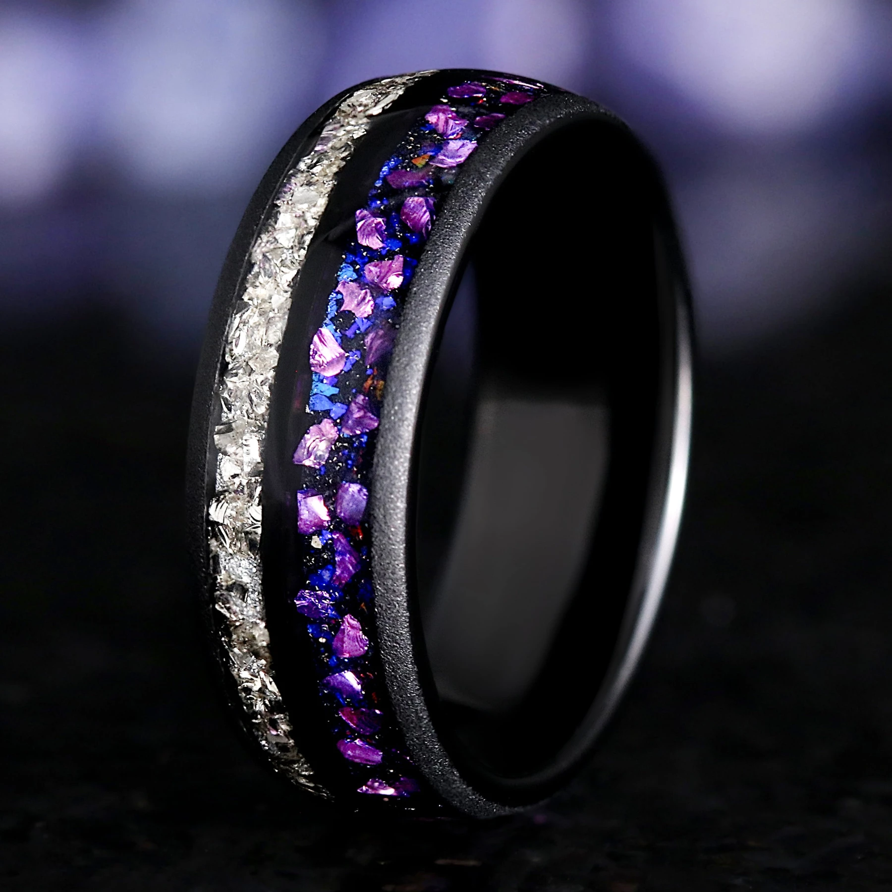 Purple Alexandrite Tungsten Ring 8mm | Mens Black Wedding Band