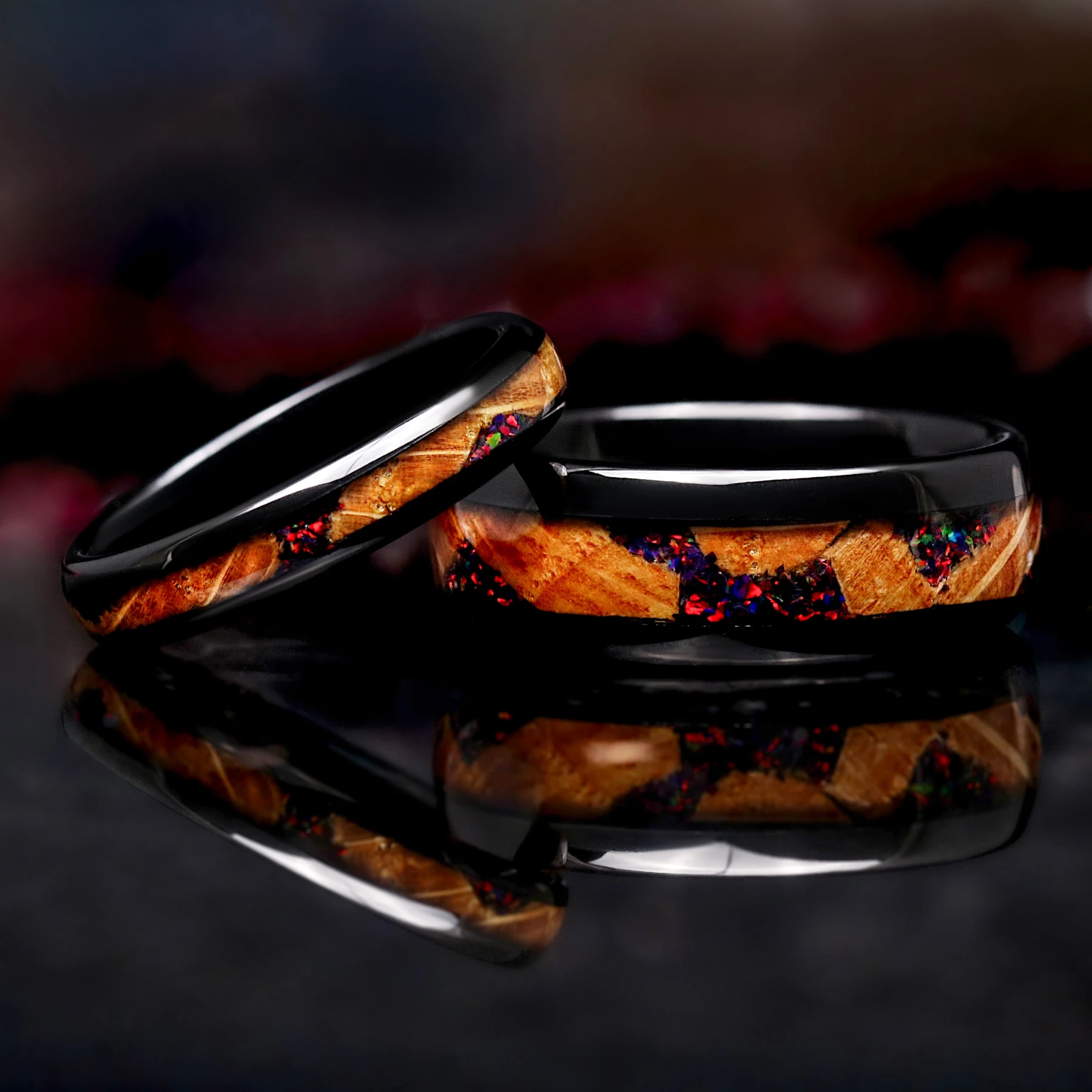 Black Fire Opal & Whiskey Barrel Couples Ring Set