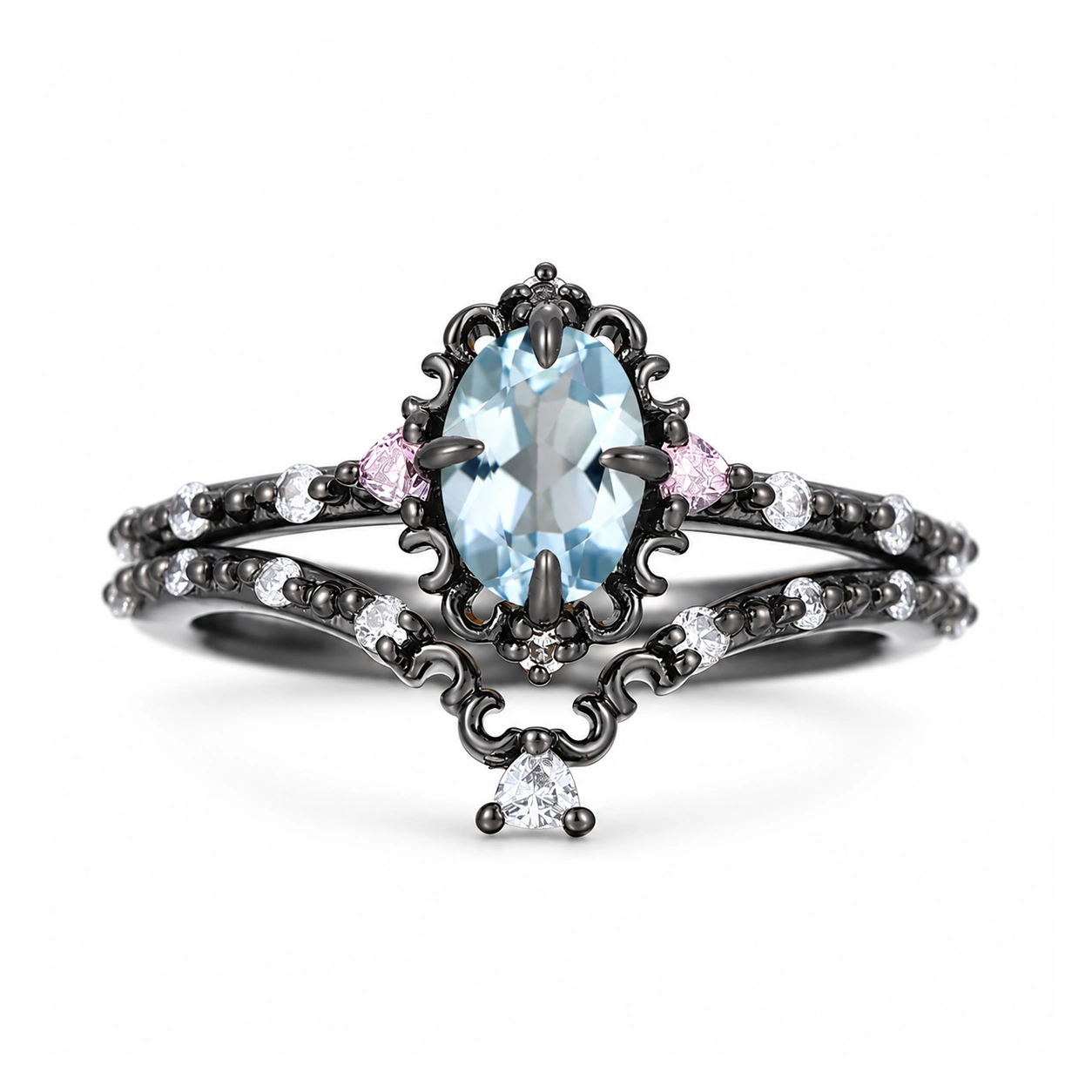 Art Deco Oval Cut Aquamarine Filigree Bridal Anniversary Ring Black Plated