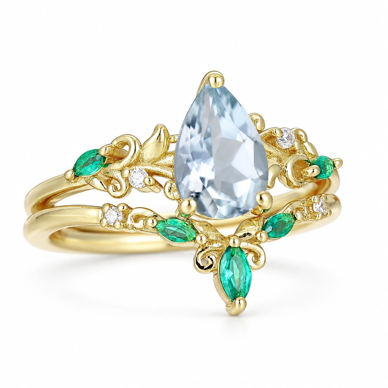 Pear aquamarine vine ring set — left angled white background