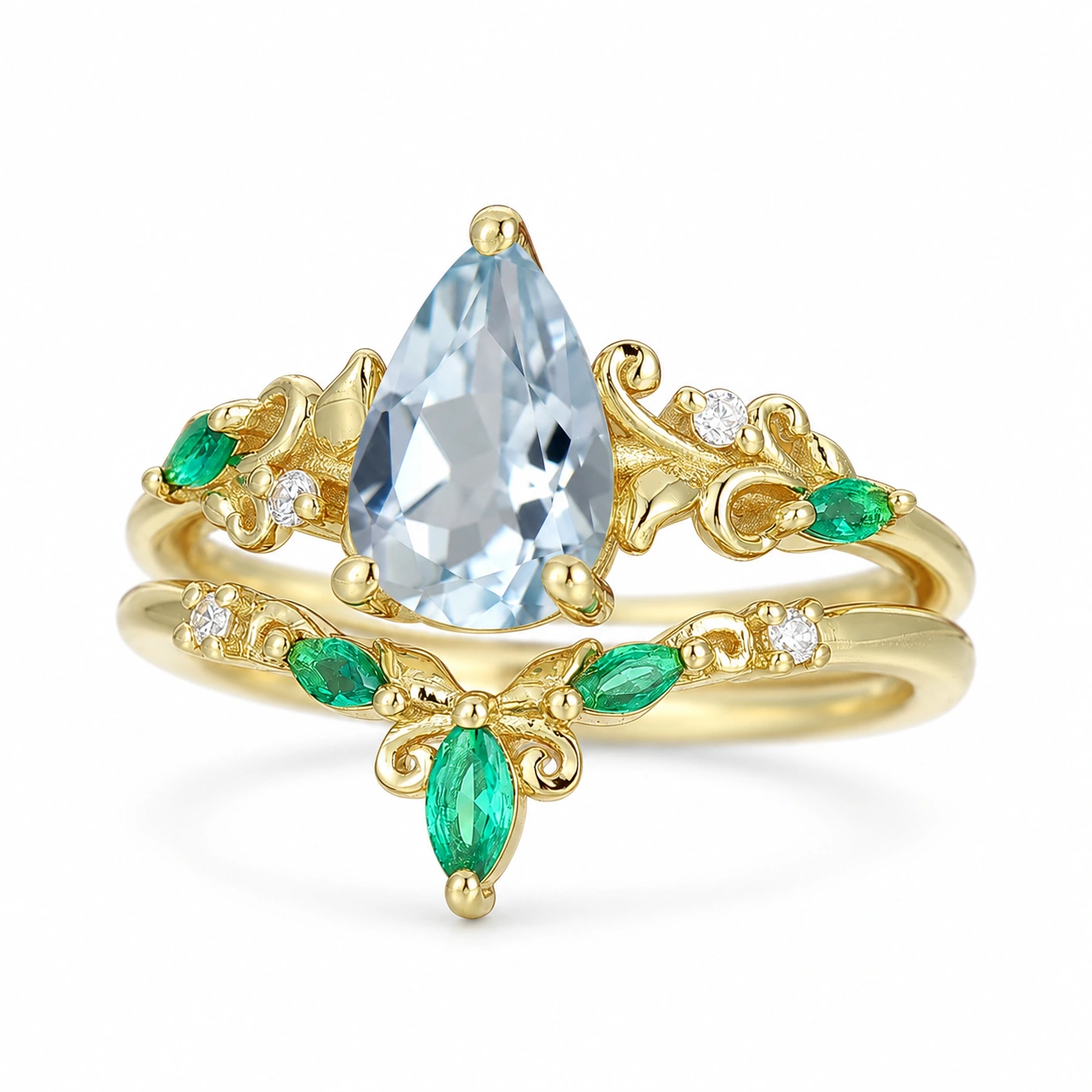 Pear aquamarine vine ring set — right angled white background