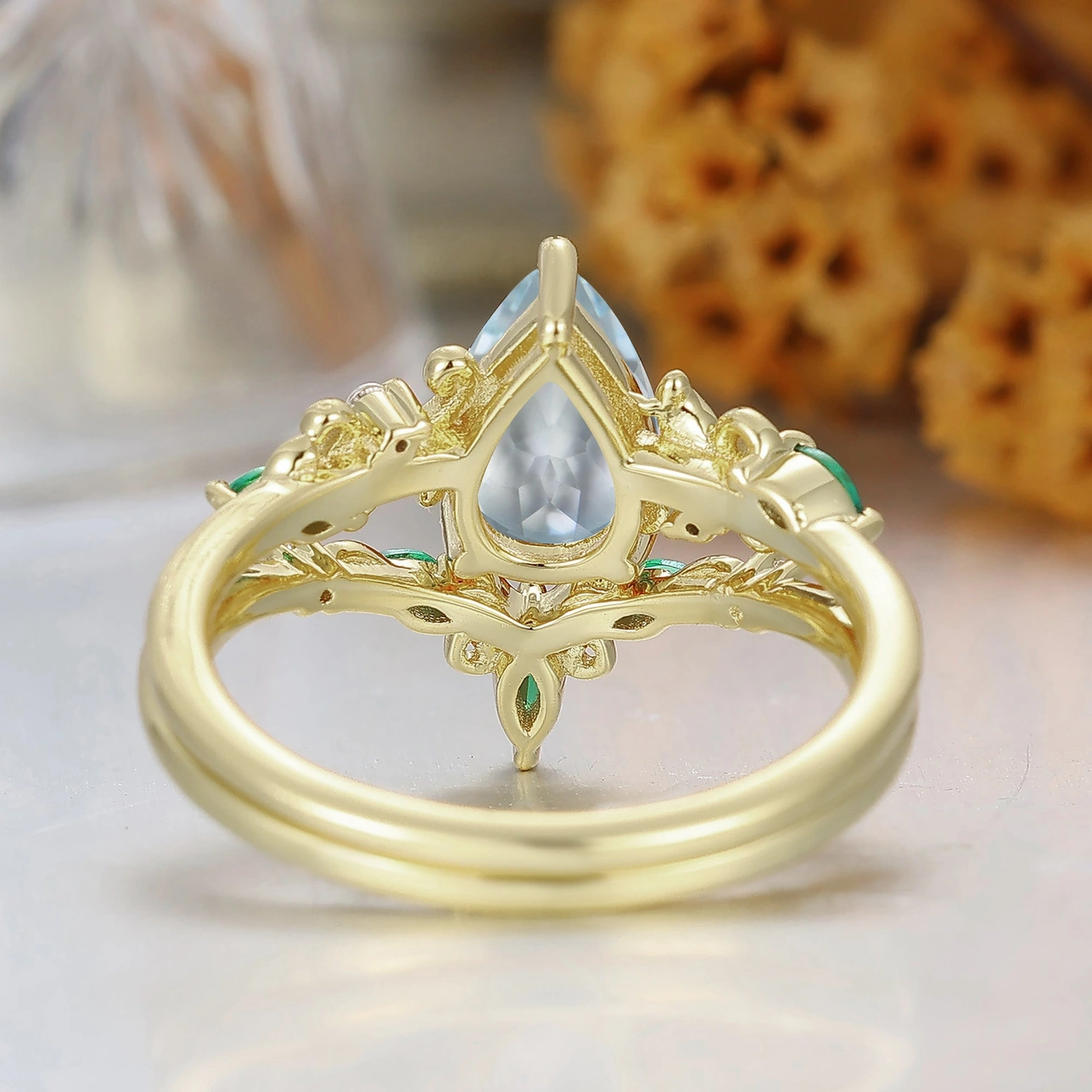 Pear aquamarine vine ring set — authentic setting detail