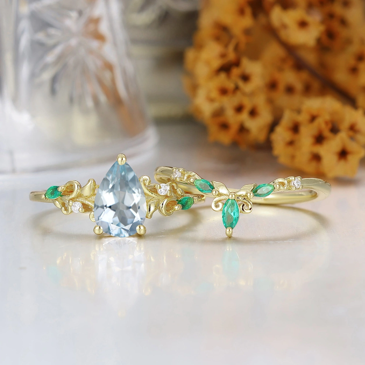 Pear aquamarine vine ring set — separate rings original view