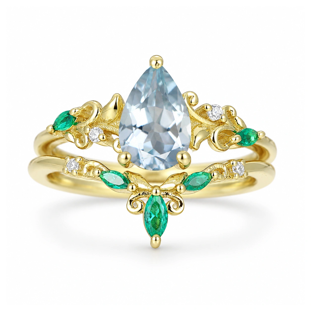 Pear Cut Aquamarine Vine Filigree Engagement Ring 14K Yellow