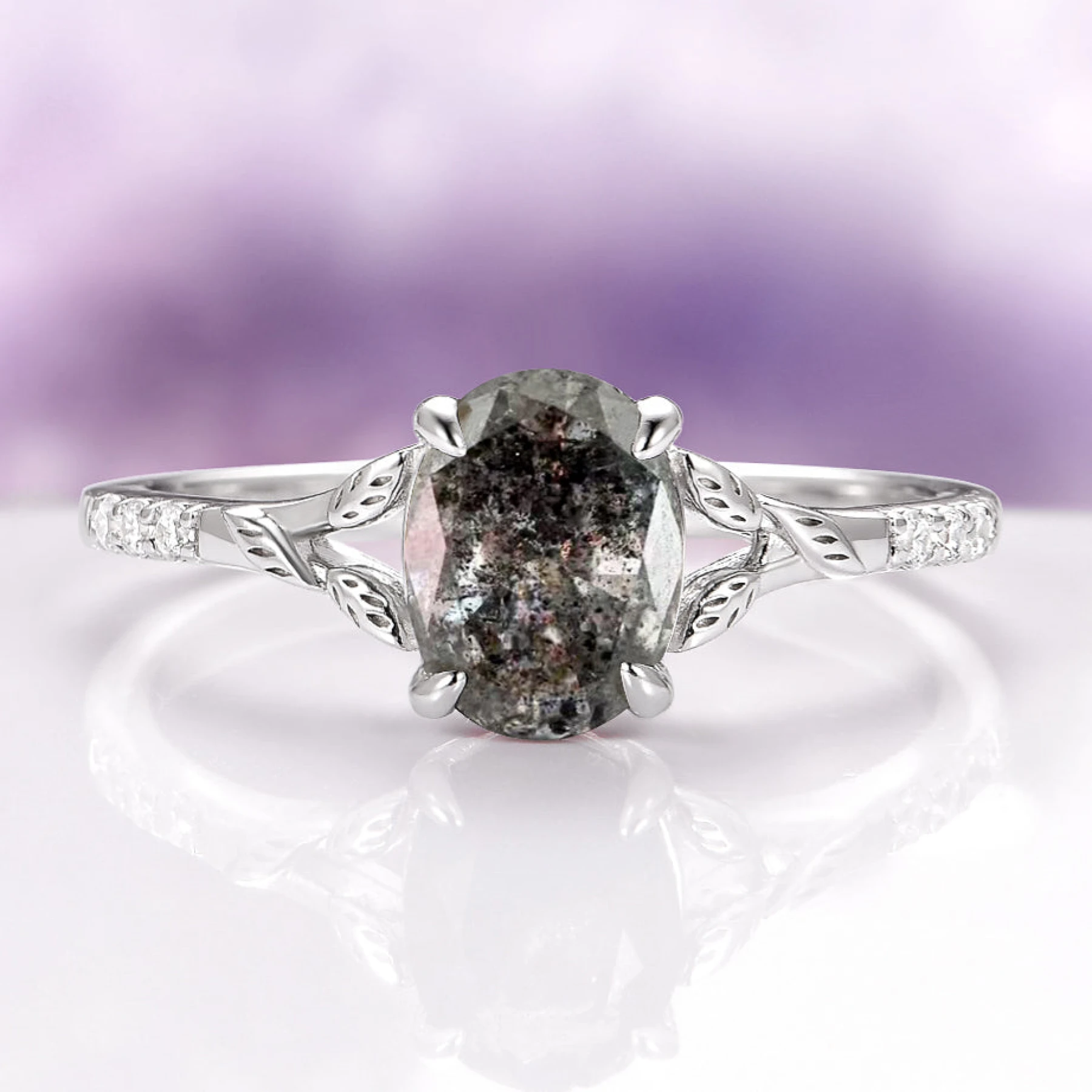 Oval Cut Natural Herkimer Diamond Engagement Ring in 14K White Gold - view 1