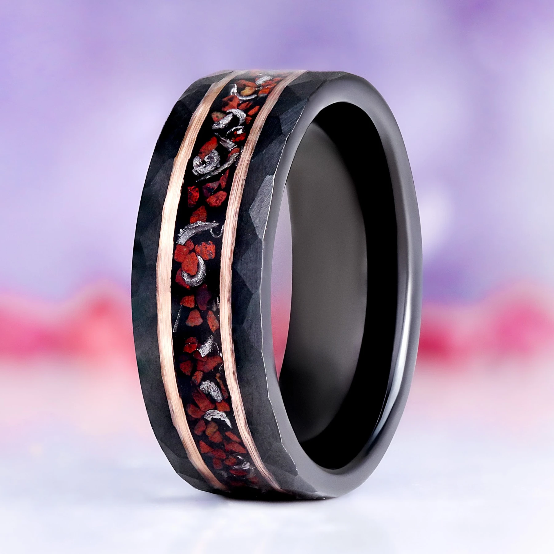 Dinosaur Bone & Meteorite Men's Wedding Band in Black/Rose Gold Tungsten (8mm)