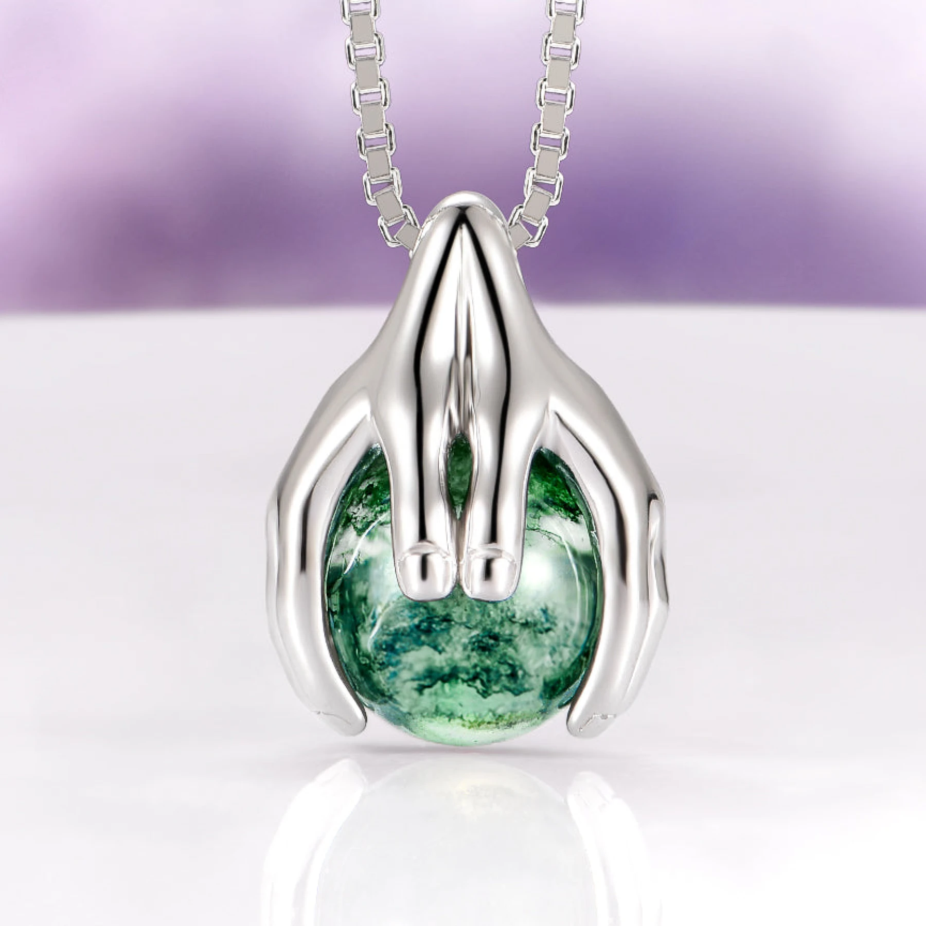Ethereal Hold Moss Agate Pendant Necklace in Sterling Silver