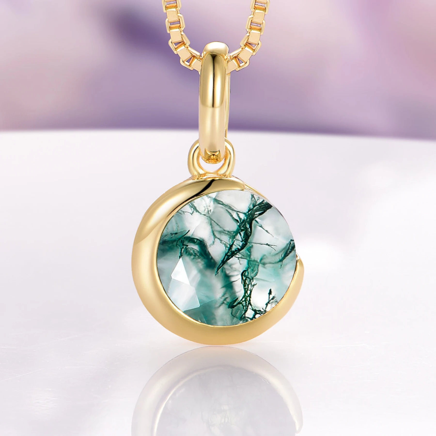 Moss Agate Crescent Moon Necklace in 14K Yellow Gold Vermeil - view 1