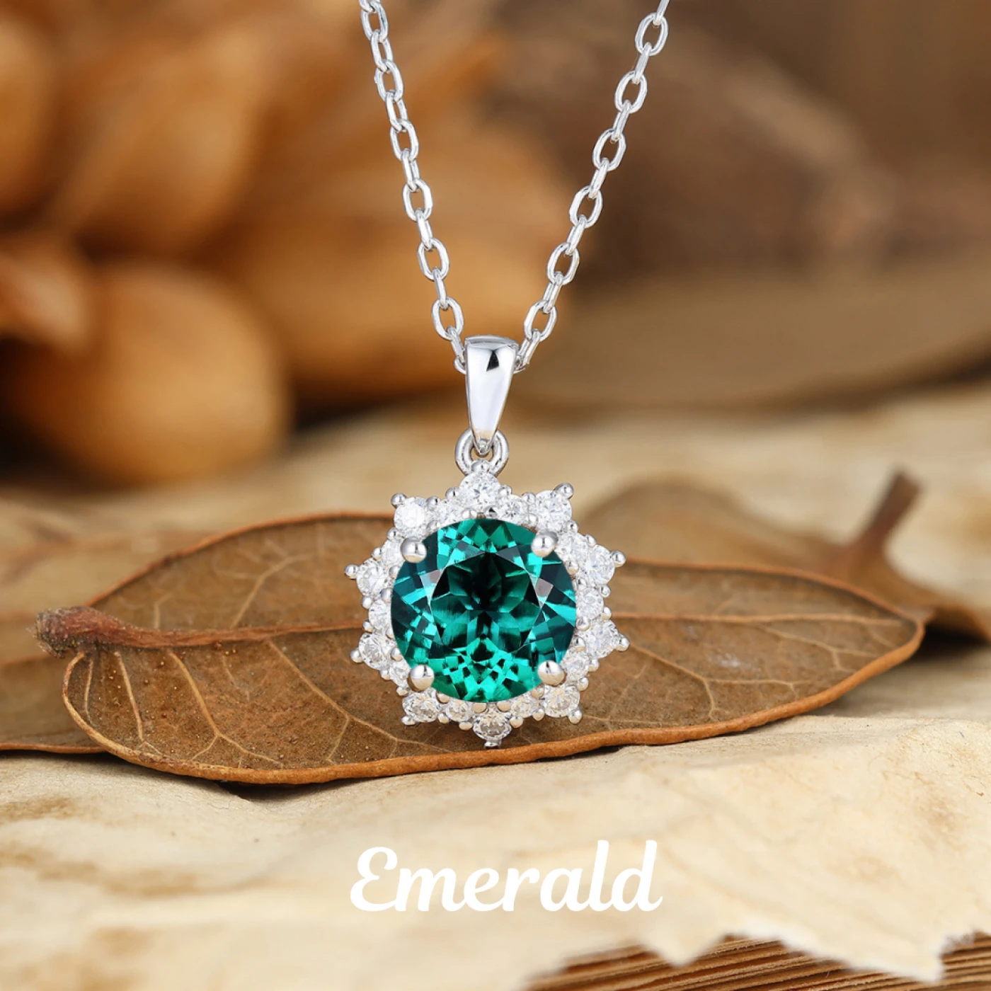 Art Deco Floral Aquamarine Pave Moissanites Halo Necklace Pendant 14K Gold Necklace - view 4