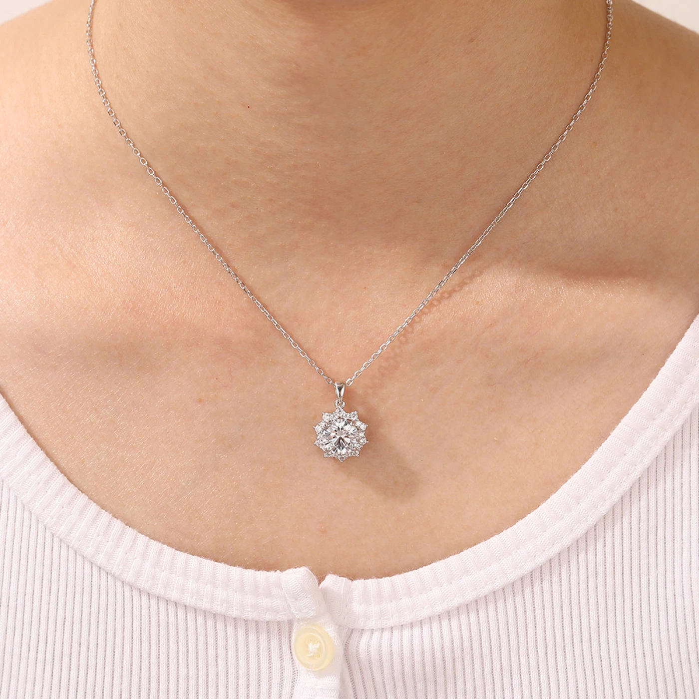 Art Deco Floral Aquamarine Pave Moissanites Halo Necklace Pendant 14K Gold Necklace - view 12