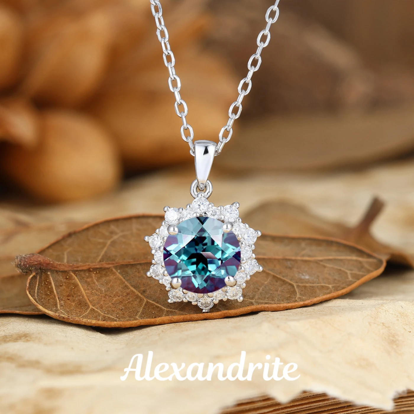 Art Deco Floral Aquamarine Pave Moissanites Halo Necklace Pendant 14K Gold Necklace - view 7