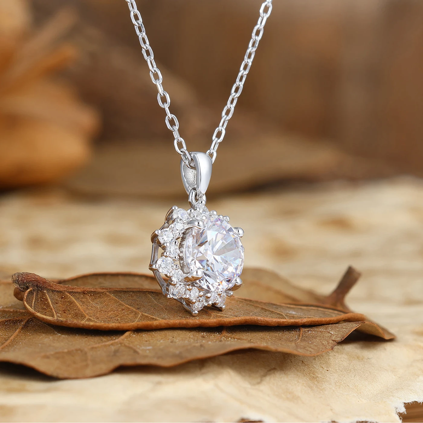 Art Deco Floral Aquamarine Pave Moissanites Halo Necklace Pendant 14K Gold Necklace - view 9
