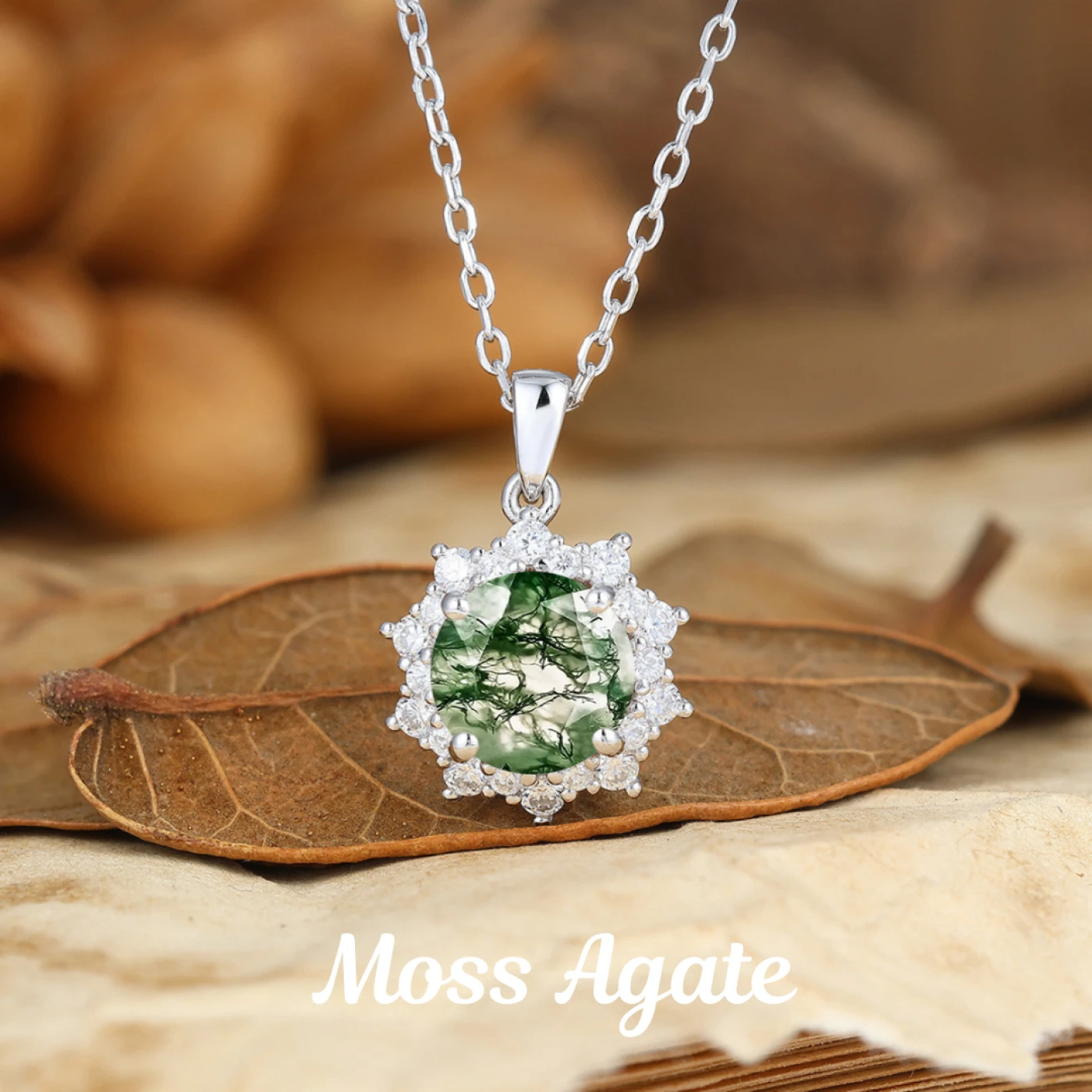 Art Deco Floral Aquamarine Pave Moissanites Halo Necklace Pendant 14K Gold Necklace - view 2