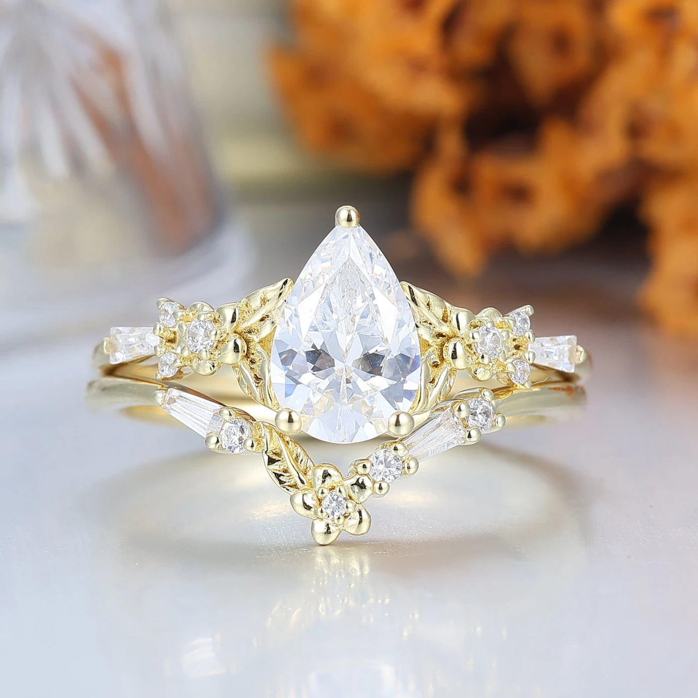 Nature Inspired Floral Bridal Set Pear Cut Vintage Gold Ring Stacking Set