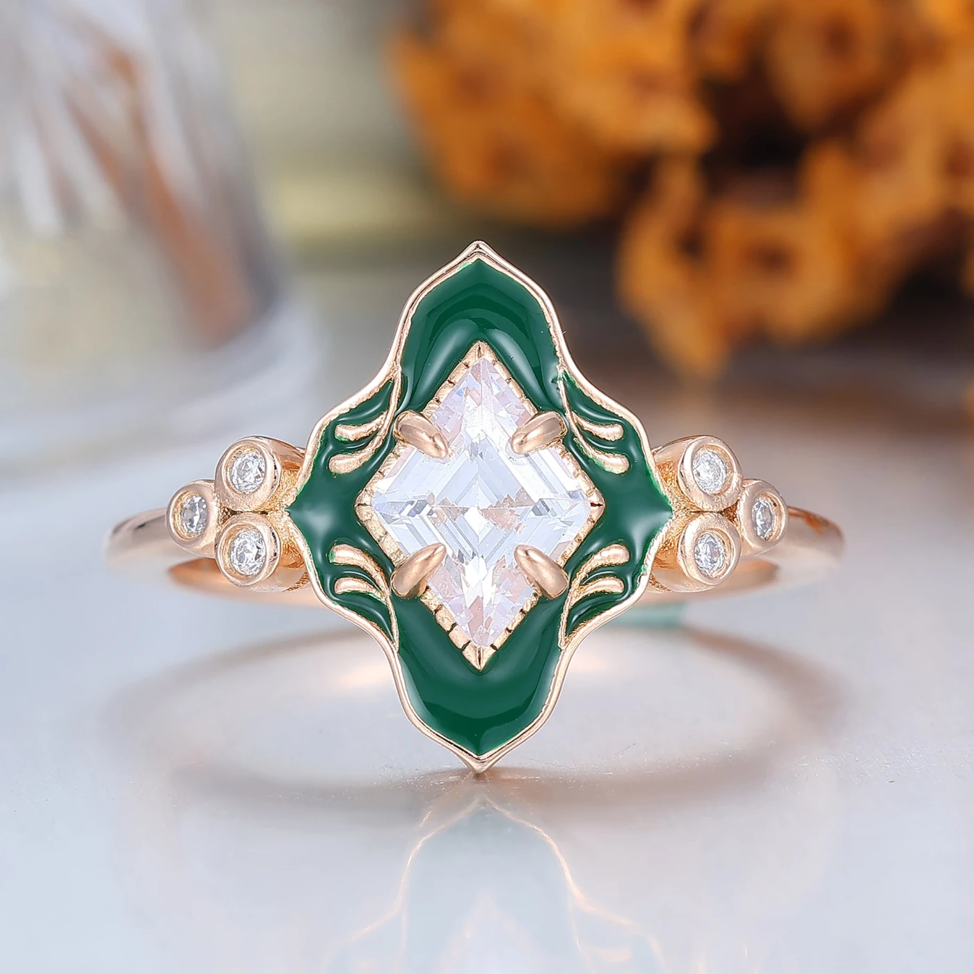 Green Resin Princess Cut Ring Rose Gold Vintage Art Deco Engagement Ring