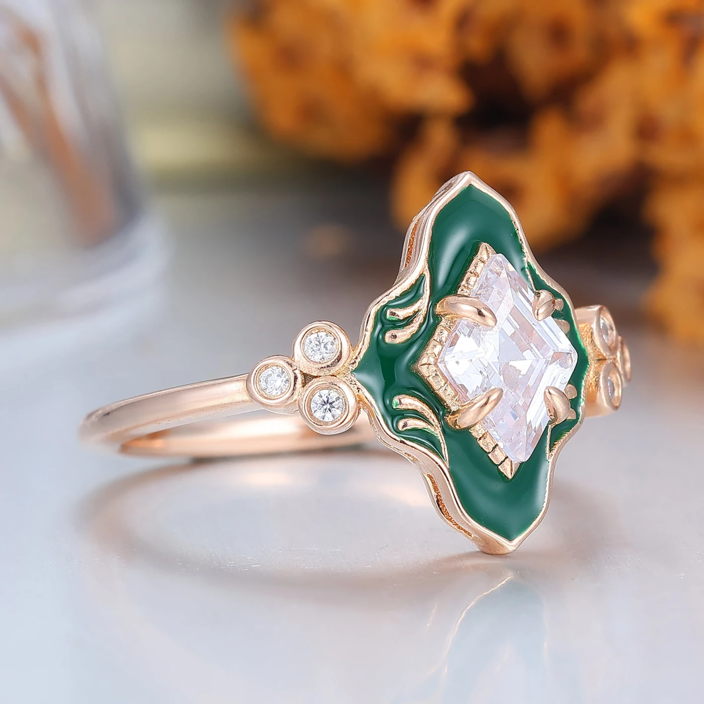 Green Resin Princess Cut Moissanite Ring Rose Gold Vintage Art Deco Engagement Ring - view 2