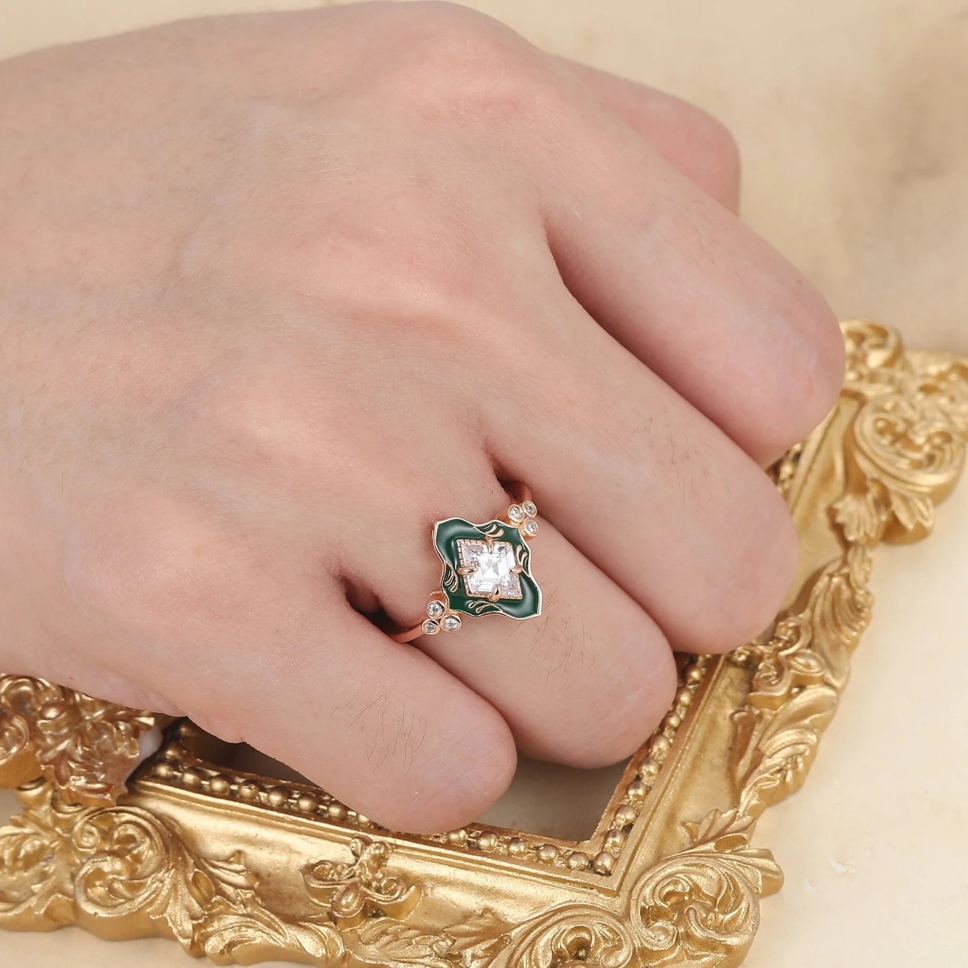 Green Resin Princess Cut Moissanite Ring Rose Gold Vintage Art Deco Engagement Ring - view 5