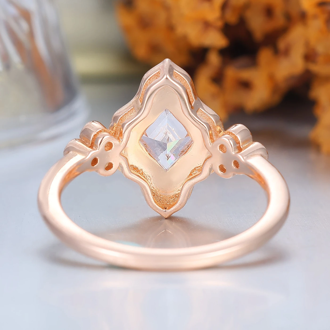 Green Resin Princess Cut Moissanite Ring Rose Gold Vintage Art Deco Engagement Ring - view 4
