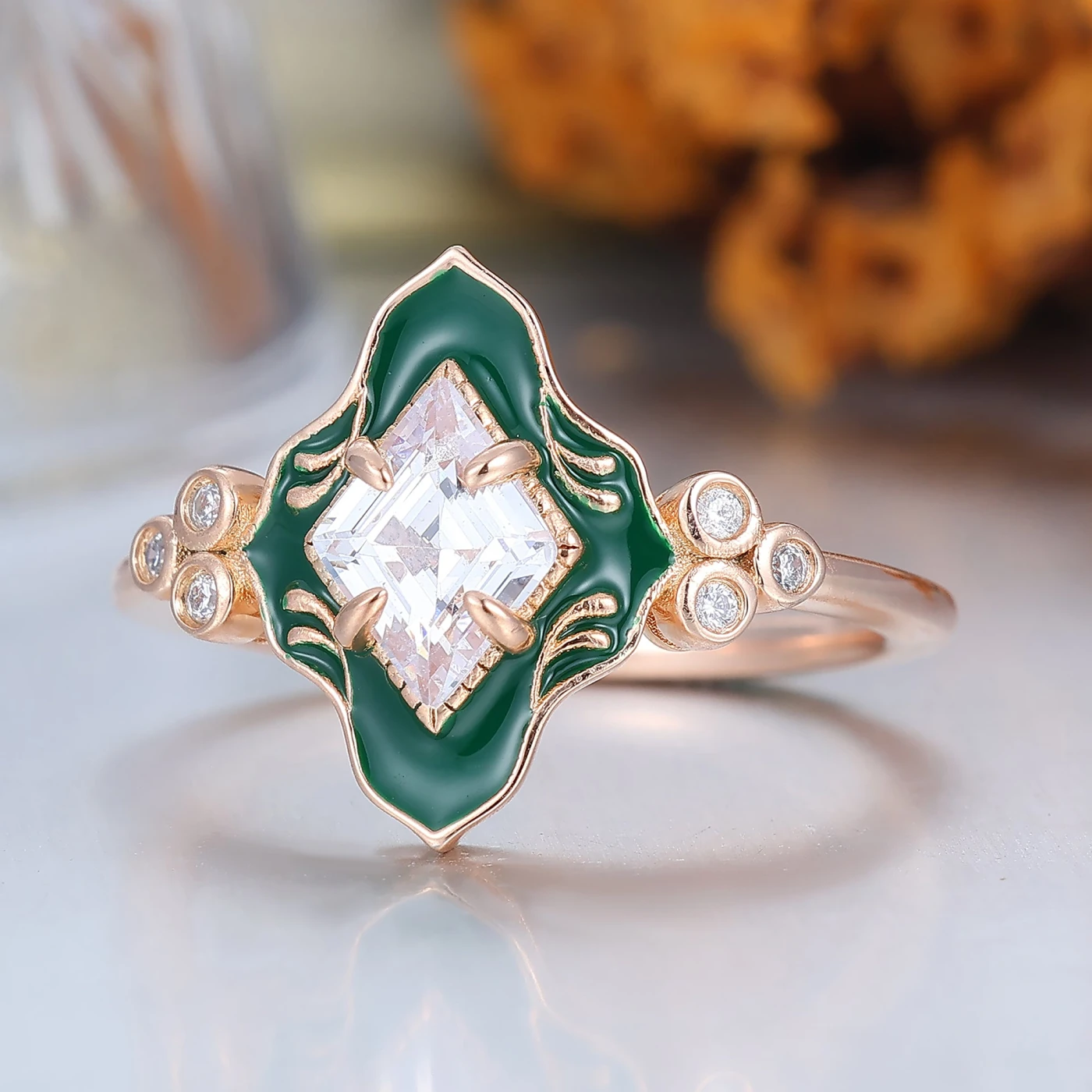Green Resin Princess Cut Moissanite Ring Rose Gold Vintage Art Deco Engagement Ring - view 3