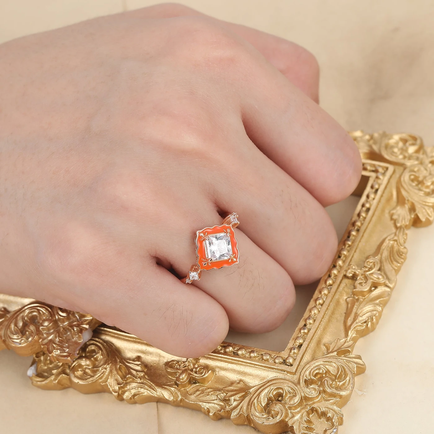 Ornate Sunstone Rose Gold Resin-Accented Ring Vintage Engagement Ring - view 5