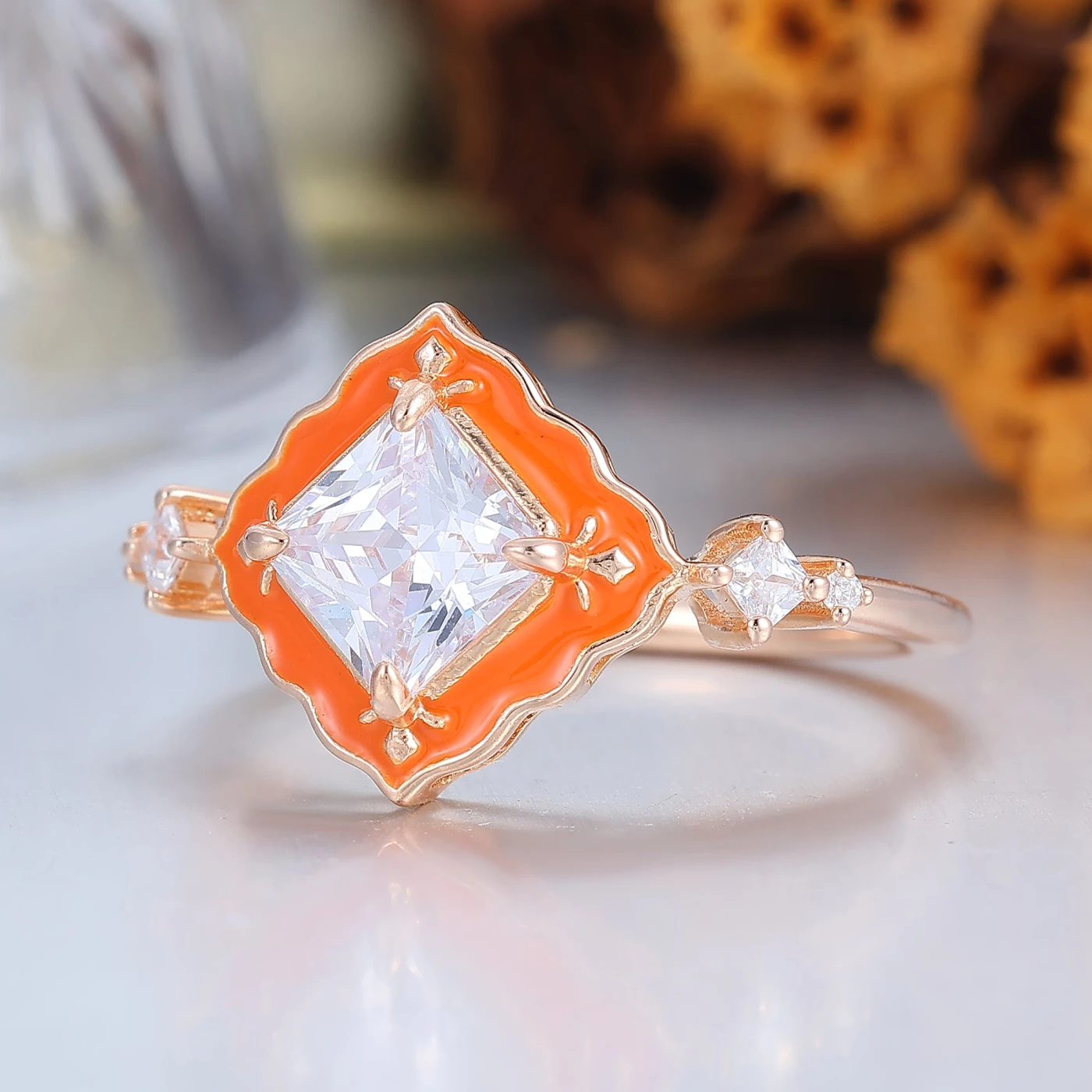Ornate Sunstone Rose Gold Resin-Accented Ring Vintage Engagement Ring - view 3