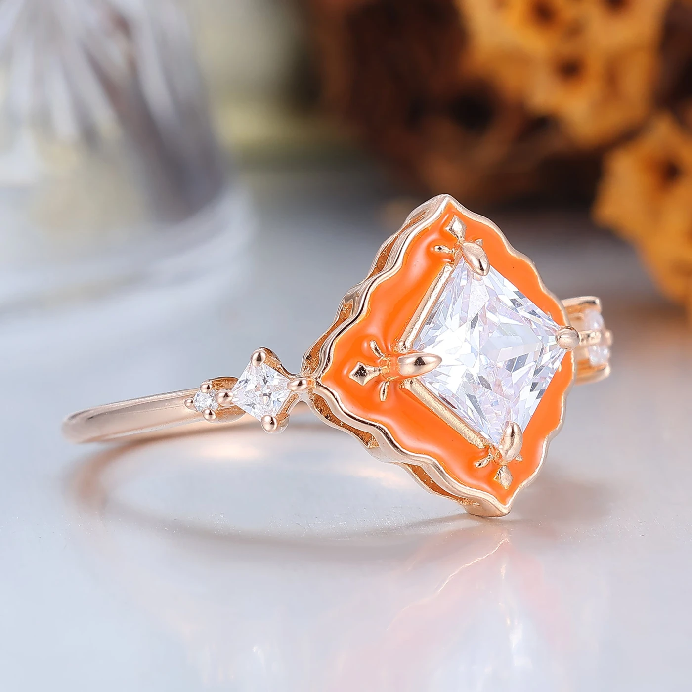 Ornate Sunstone Rose Gold Resin-Accented Ring Vintage Engagement Ring - view 2