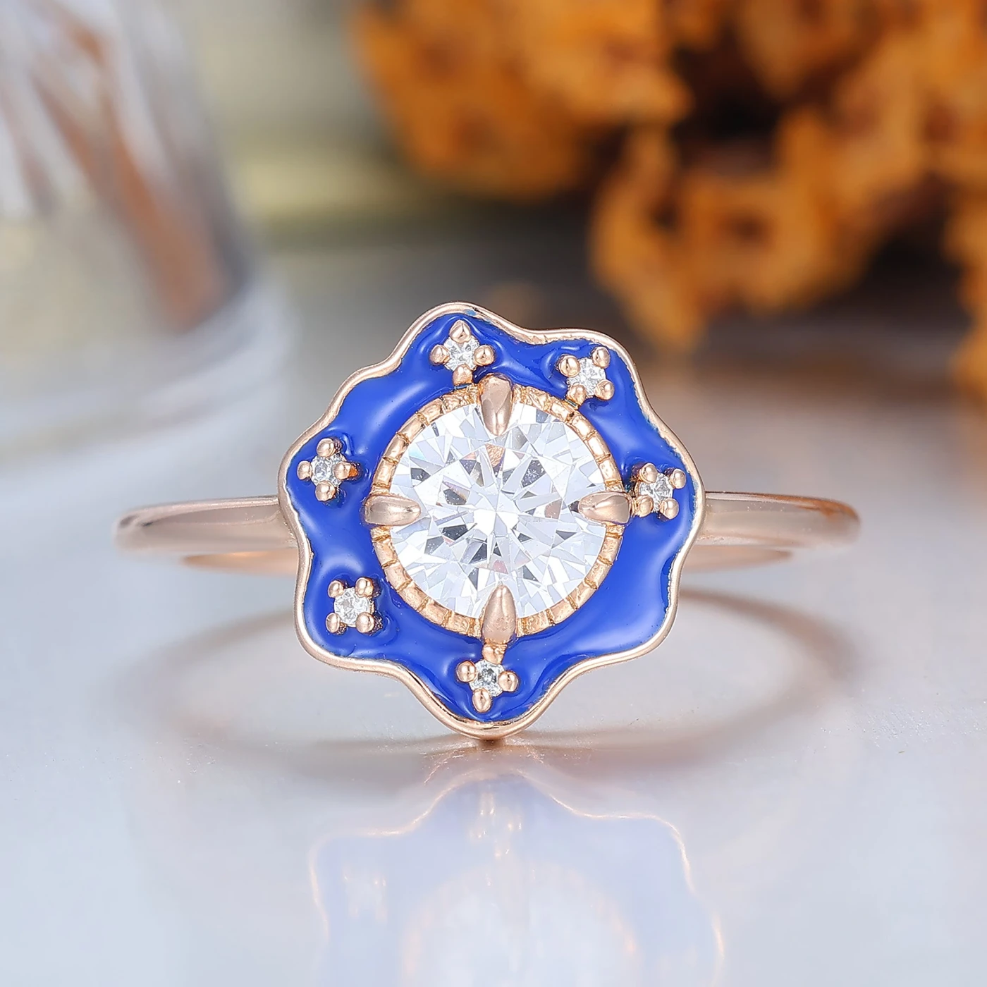 Vintage Style Blue Resin & Round Vintage Engagement Ring