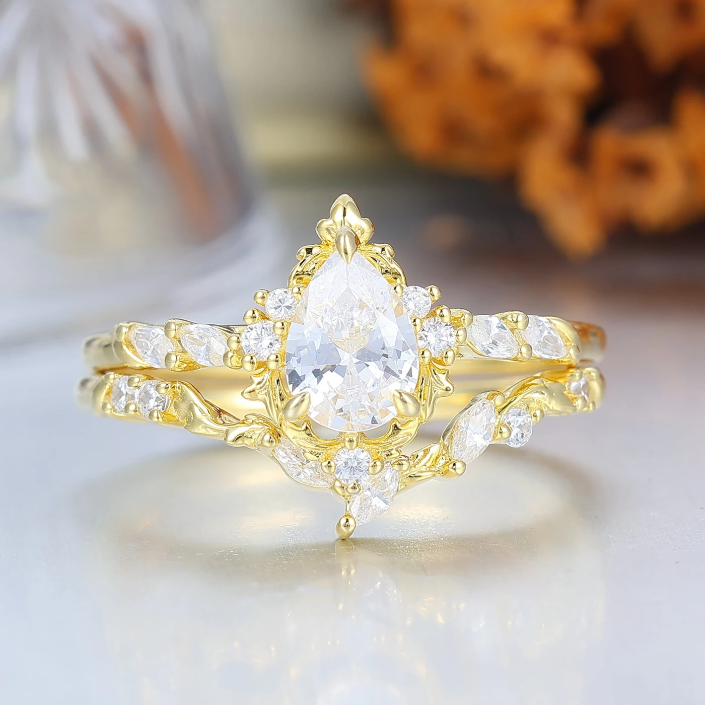 Pear Cut Teardrop Vintage Inspired Gold Bridal Set Romantic Bridal Set