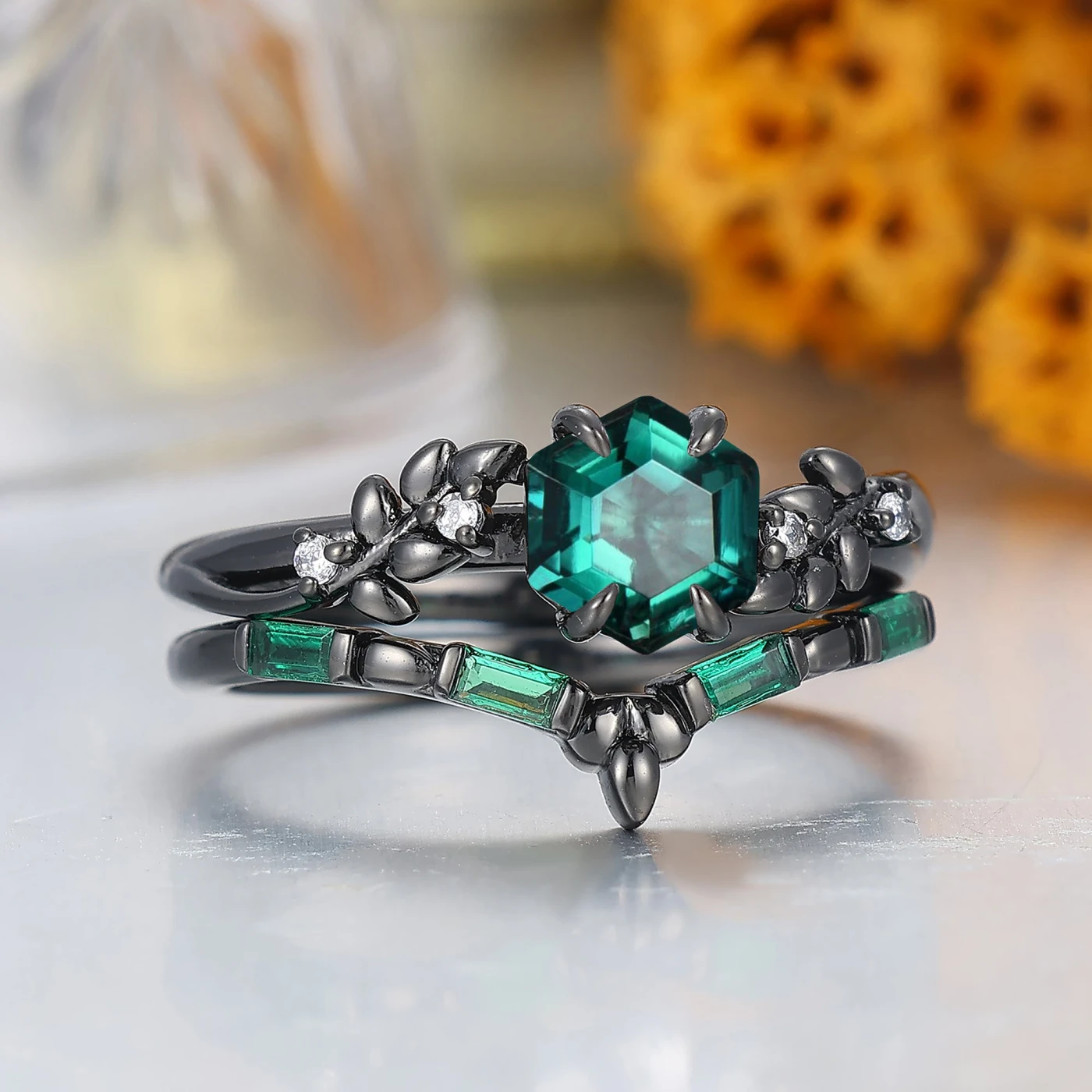 Art Deco Hexagon Shape Emerald Engagement Ring Leaf Style Anniversary Bridal Ring - view 2