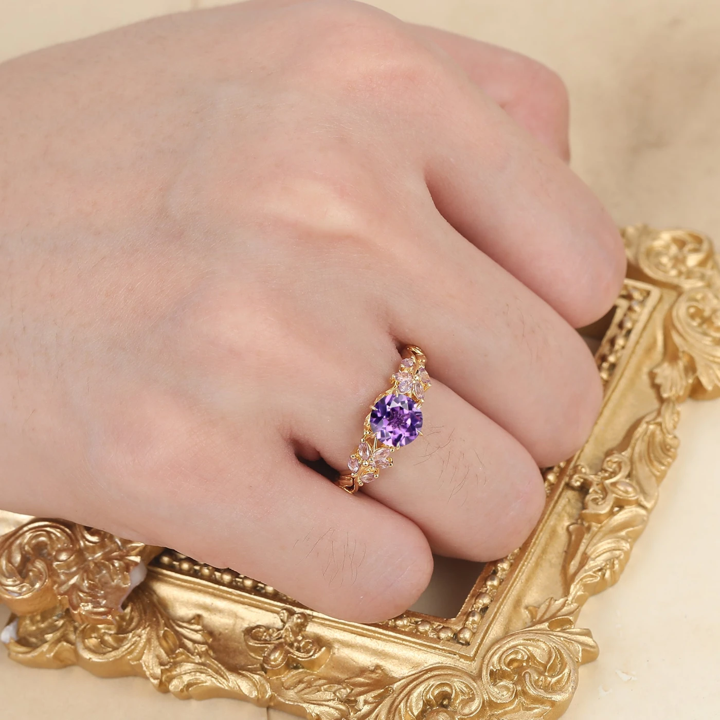 Dainty Amethyst Cluster Engagement Ring Rose Gold Leaf Band 14K Women Ring - view 5