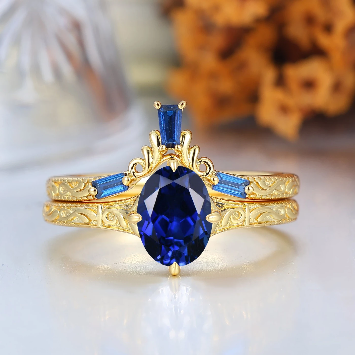 14k Oval Blue Sapphire Ring with Baguette Accents with Engagement Ring