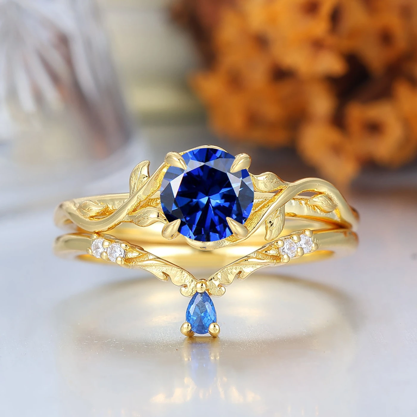 Vintage Nature-Inspired Blue Sapphire Leaf Wedding Set Handmade Promise
