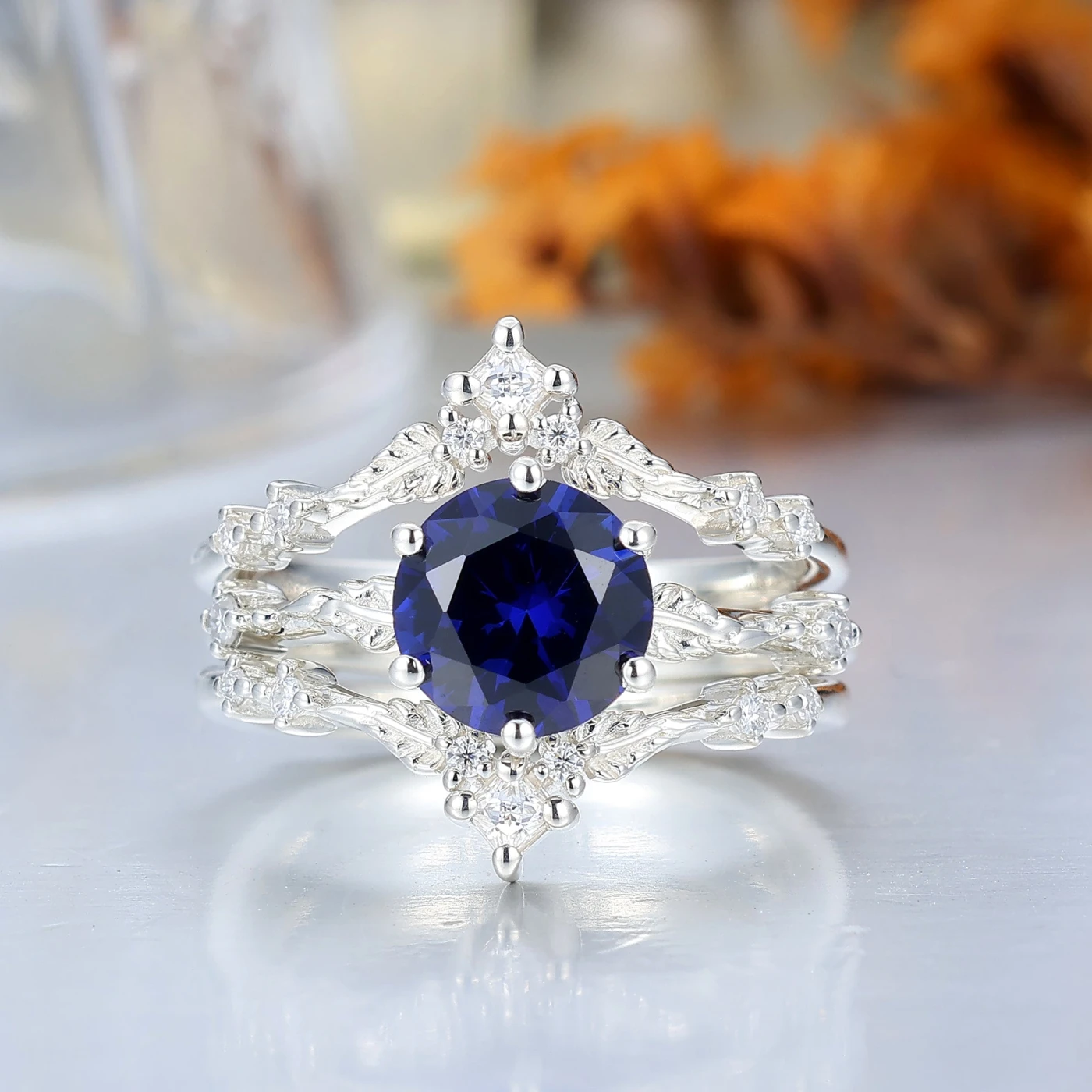 Natural Inspired Round Sapphire Leaf Engraved Engagement Ring