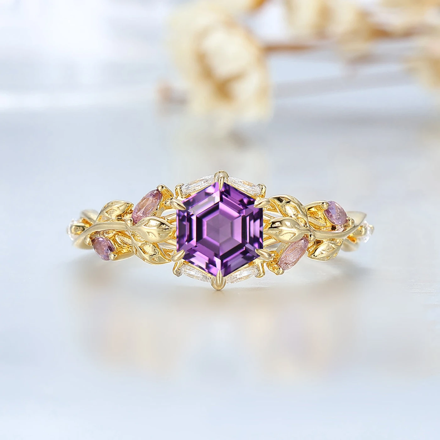 Leaf-inspired Hexagon Cut Amethyst Engagement Ring Unique