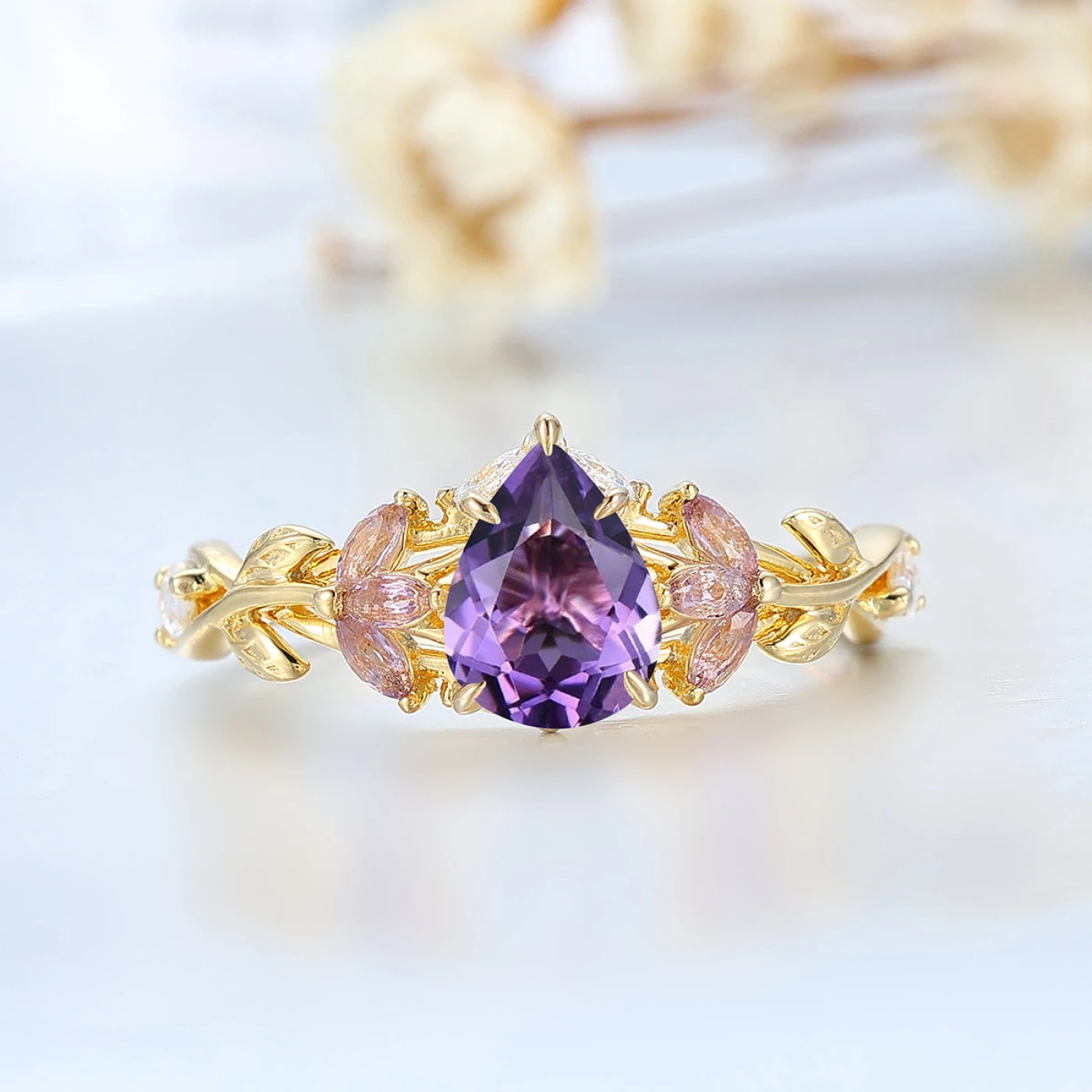 Branch Motif Pear Cut Amethyst Bridal Ring Natural Inspired February