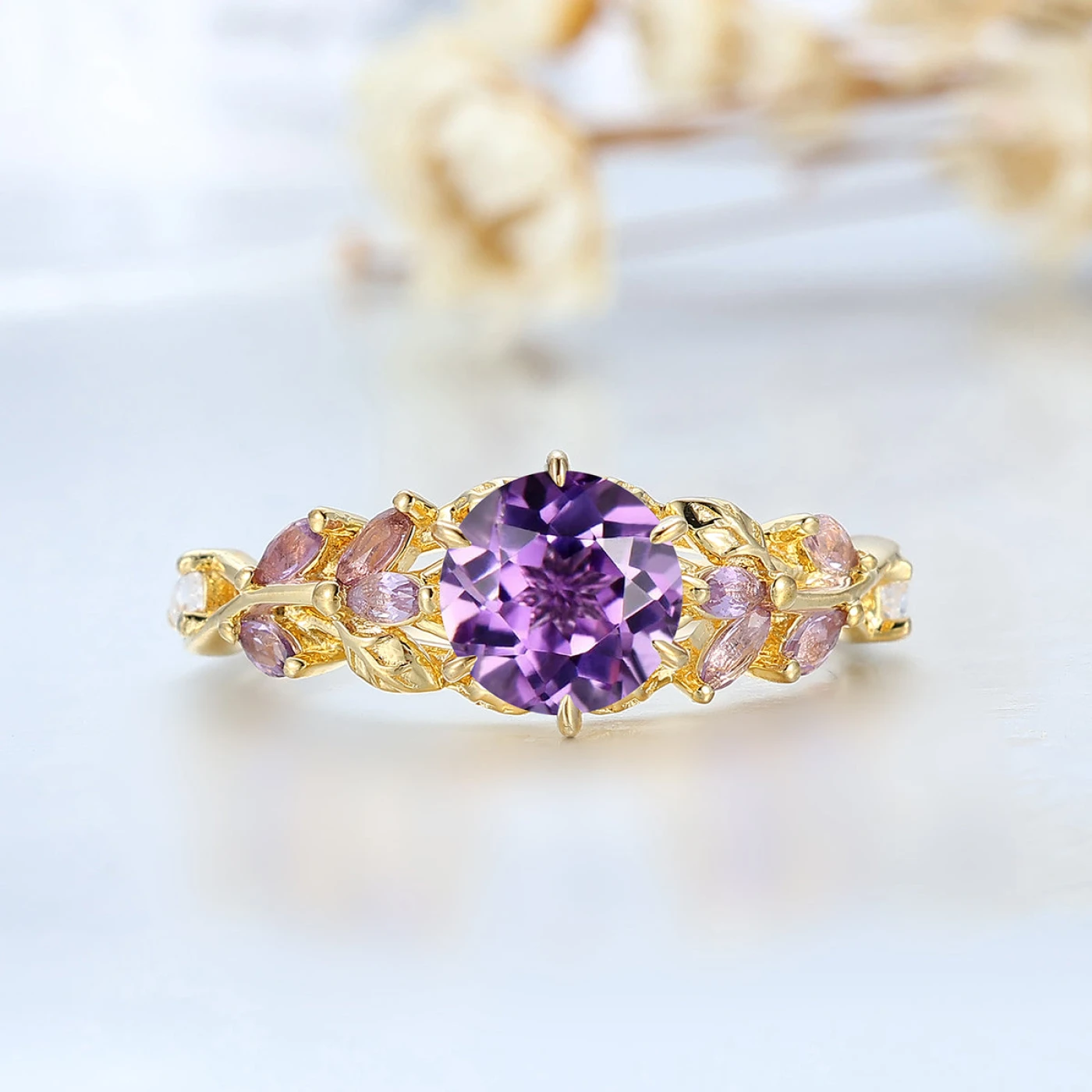 Leaf-inspired Round Amethyst Bridal Ring Solid Yellow Gold Cluster Anniversary