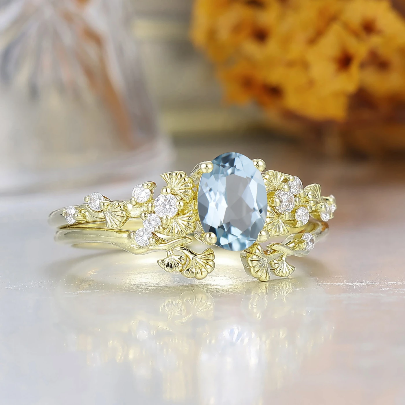 Ginkgo Leaf Oval Cut Aquamarine Engagement Ring Set 14K Solid Gold March Birthstone Women Ring - view 2