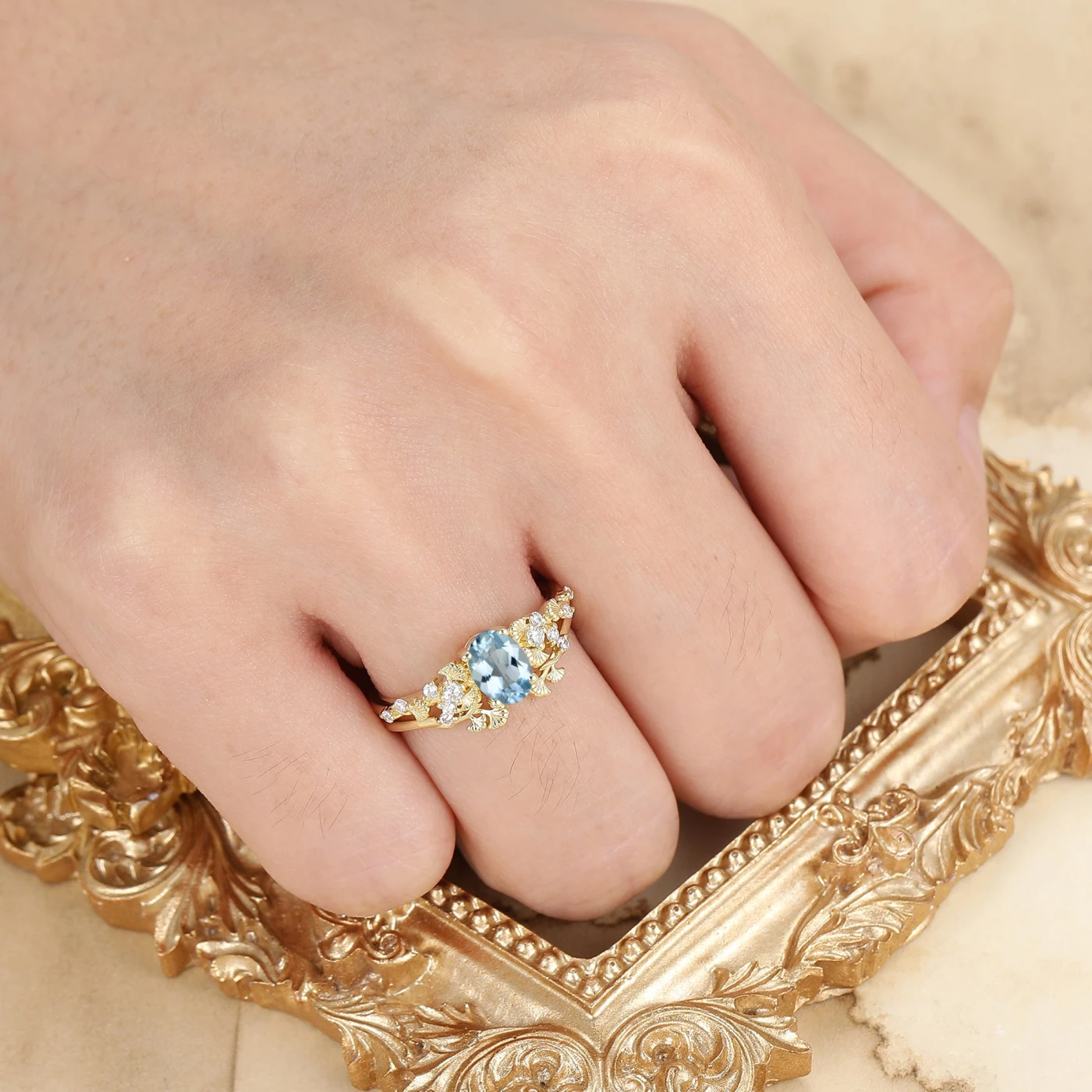 Ginkgo Leaf Oval Cut Aquamarine Engagement Ring Set 14K Solid Gold March Birthstone Women Ring - view 6