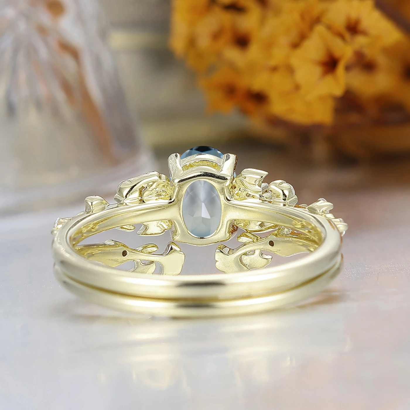 Ginkgo Leaf Oval Cut Aquamarine Engagement Ring Set 14K Solid Gold March Birthstone Women Ring - view 4