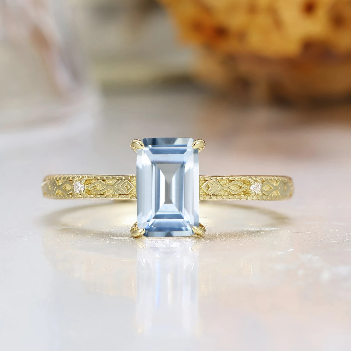 Baroque Emerald Cut Engraved Wedding Ring Unique March Birthstone Women Ring