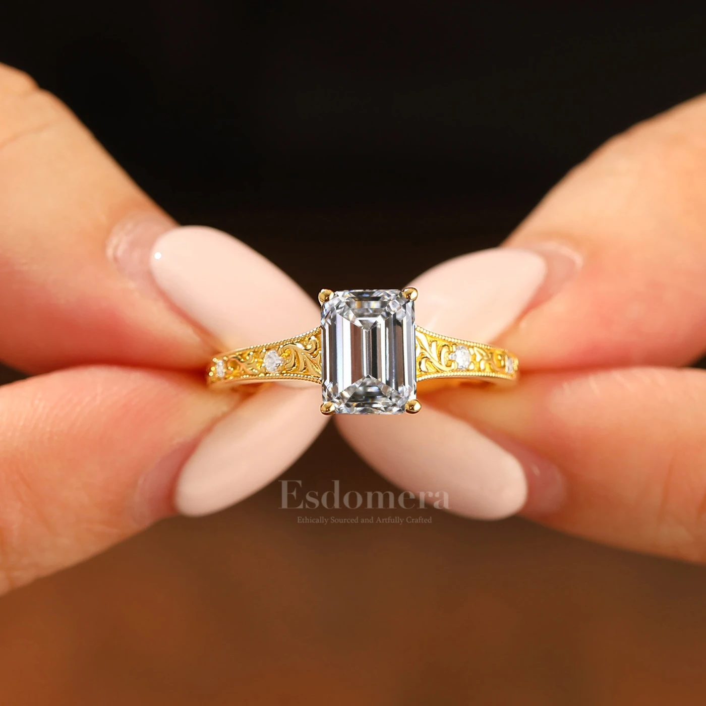Baroque-inspired Emerald Cut Lab Grown Diamond Ring Filigree Flourish Bridal