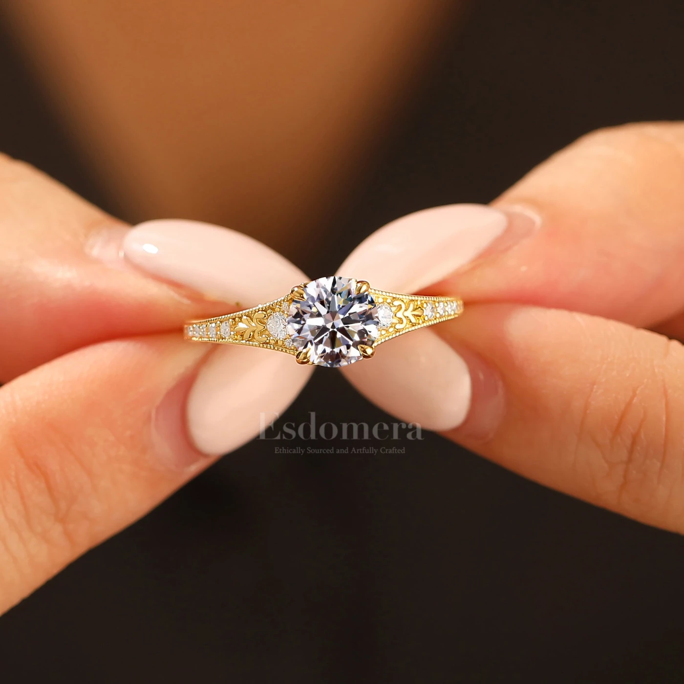 Brilliant 1CT Round Lab Grown Diamond Engagement Ring Engraved