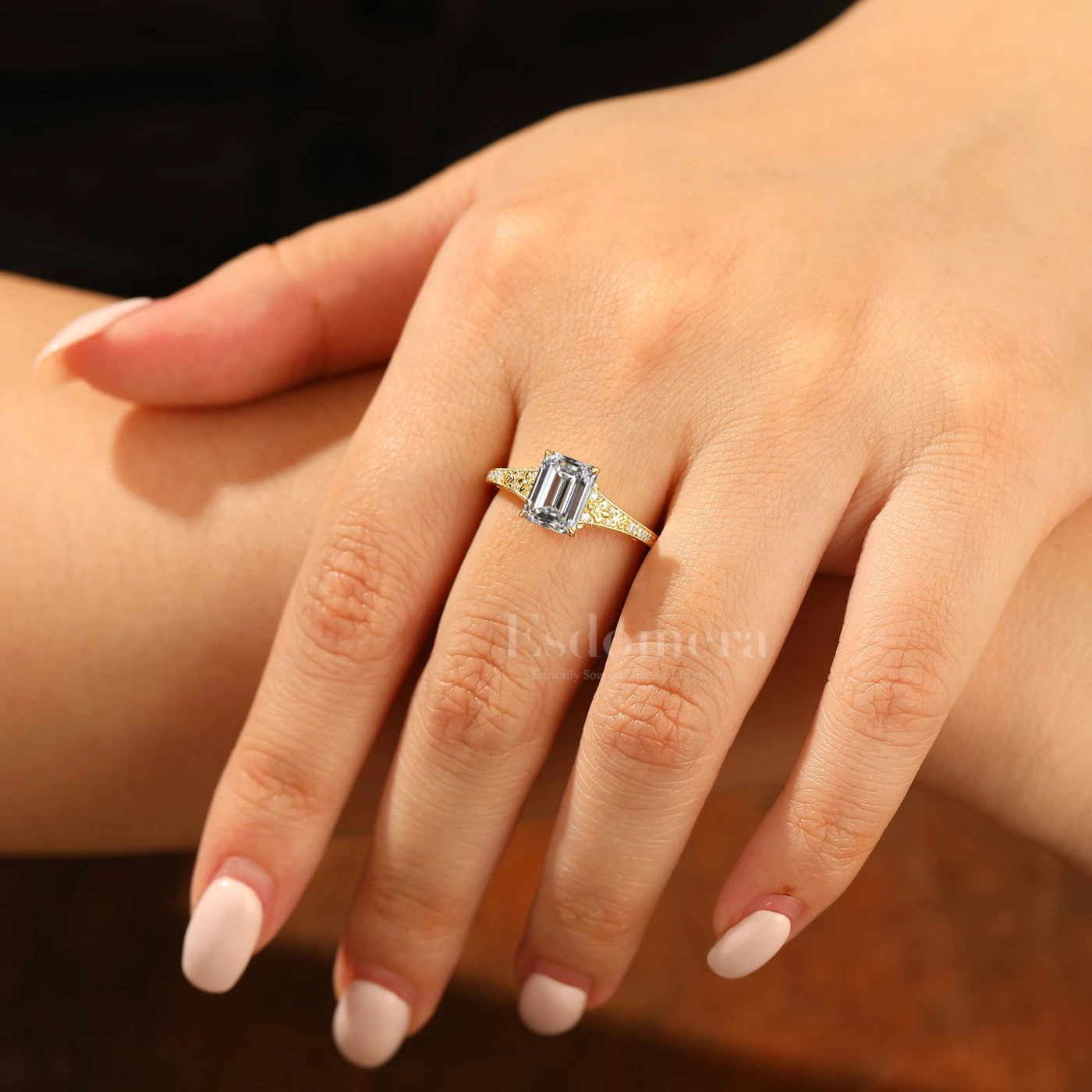 2CT Emerlad Cut Lab Grown Diamond Solid Gold Ring Filigree Milgrain Women Ring (IGI Certified) - view 6