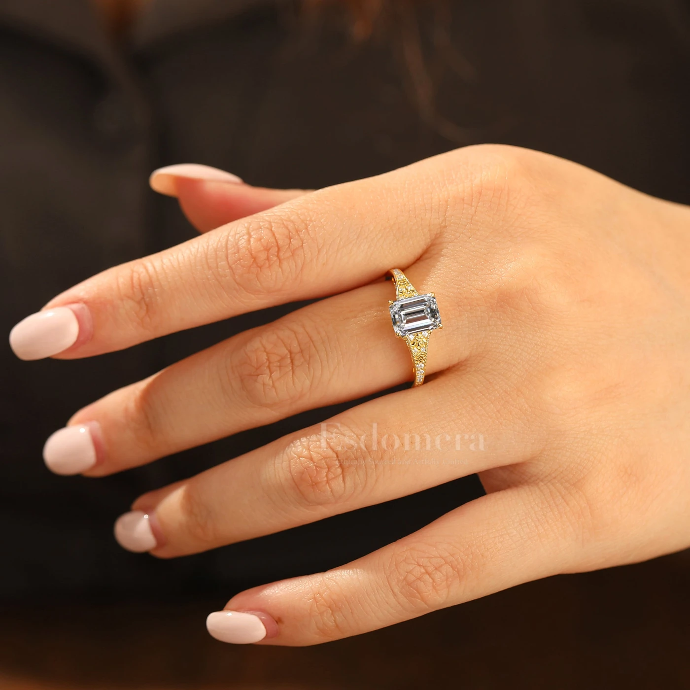 2CT Emerlad Cut Lab Grown Diamond Solid Gold Ring Filigree Milgrain Women Ring (IGI Certified) - view 3