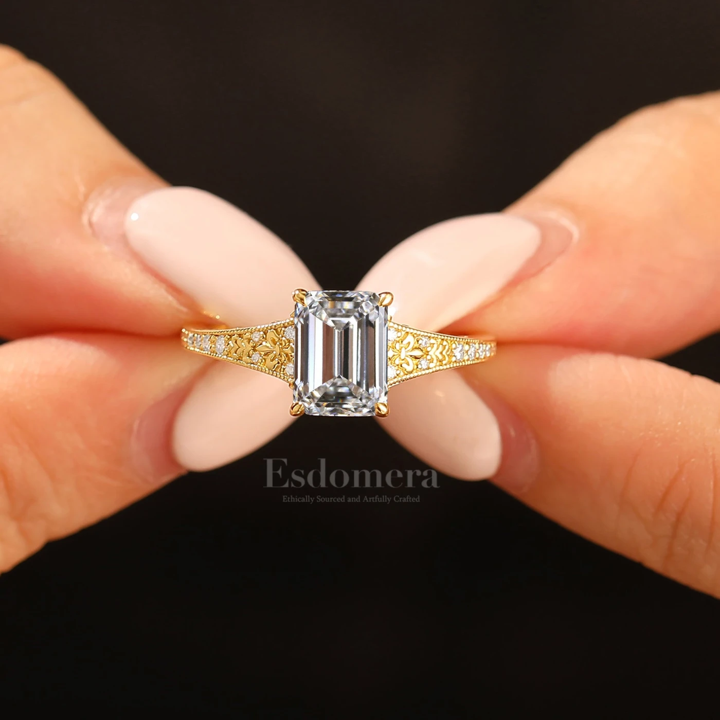 2CT Emerlad Cut Lab Grown Diamond Solid Gold Ring Filigree Milgrain Women Ring