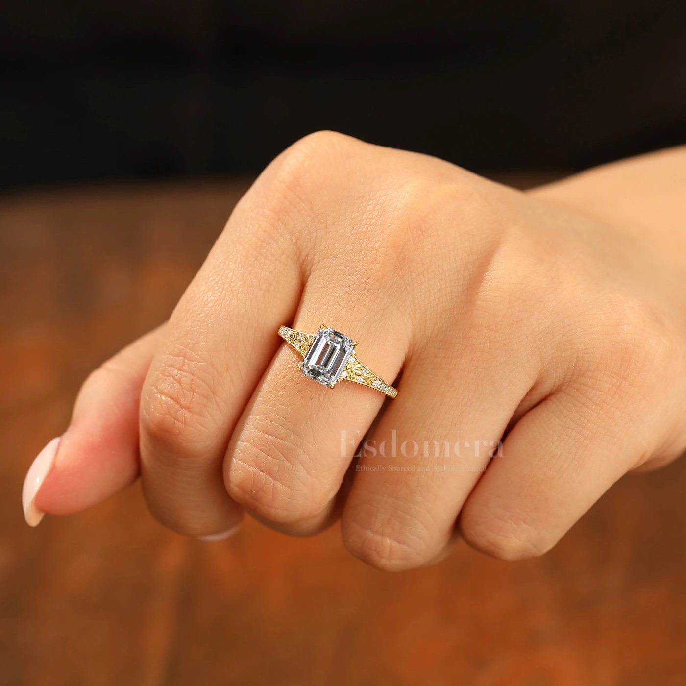 2CT Emerlad Cut Lab Grown Diamond Solid Gold Ring Filigree Milgrain Women Ring (IGI Certified) - view 7