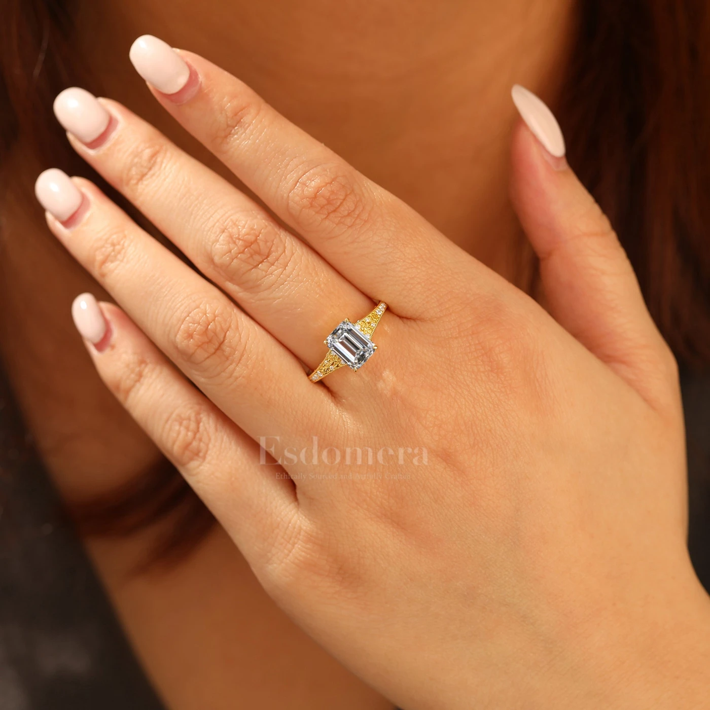 2CT Emerlad Cut Lab Grown Diamond Solid Gold Ring Filigree Milgrain Women Ring (IGI Certified) - view 4
