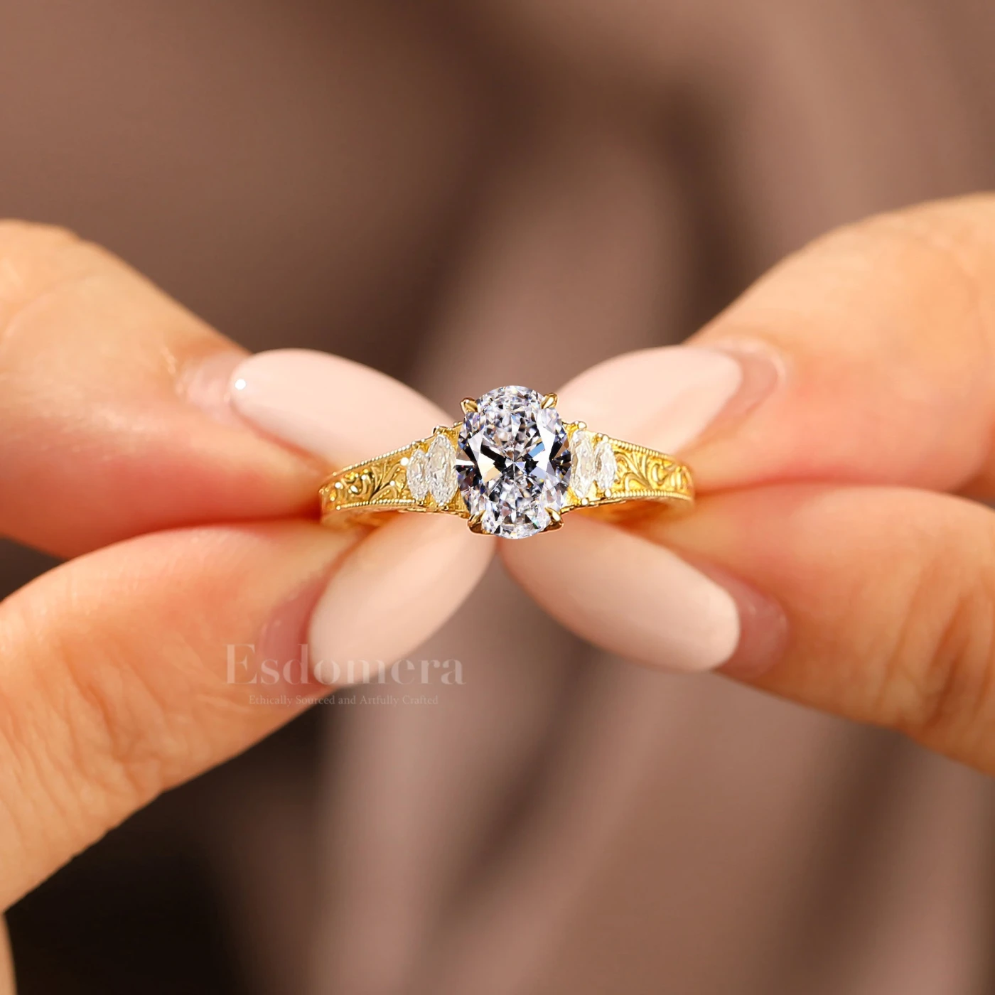 Retro Oval Cut Lab Grown Diamond Wedding Ring 14k Solid Gold Engagement Ring