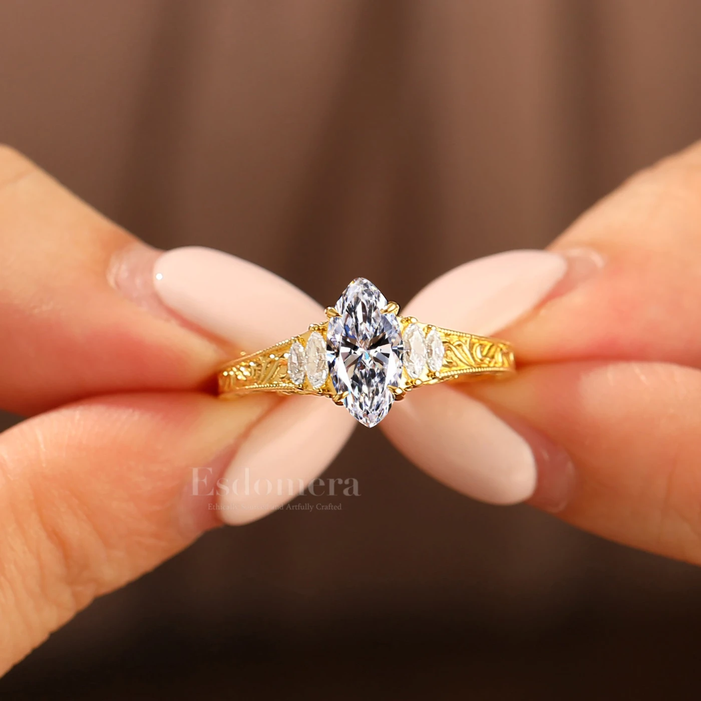 Engraved Vine Marquise Cut Lab Grown Diamond Women Ring Handmade Anniversary